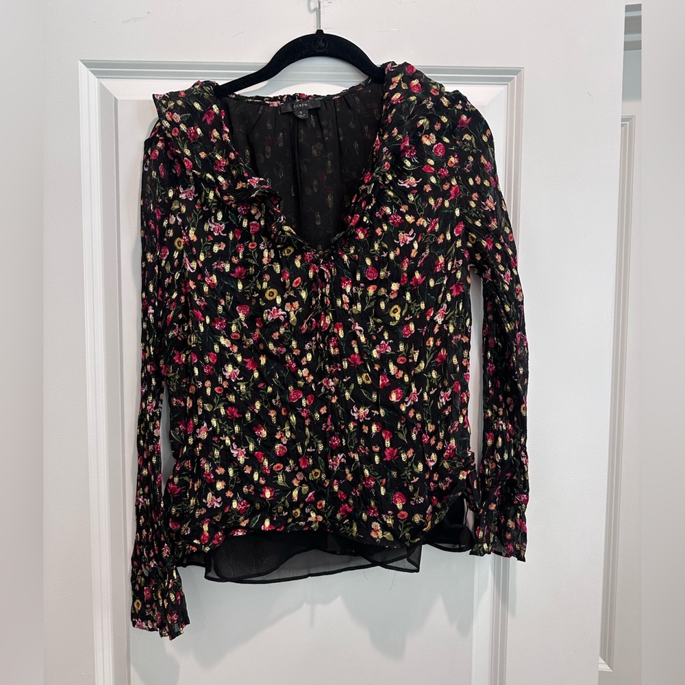 J. Crew Black Floral Blouse with Pink and Green Accents